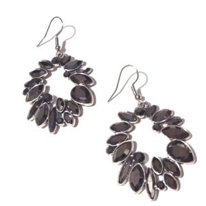 VINTAGE DARK GRAY RHINESTONE SILVER-TONE DROP DANGLE HOOK 2" EARRINGS